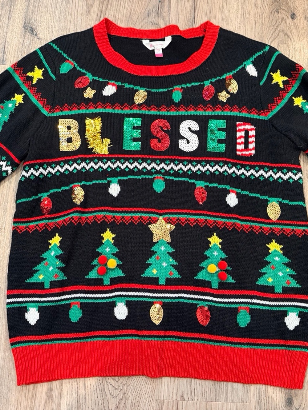 No Boundaries 3XL Blessed Ugly Christmas Sweater Sequin Pom Pom NWT